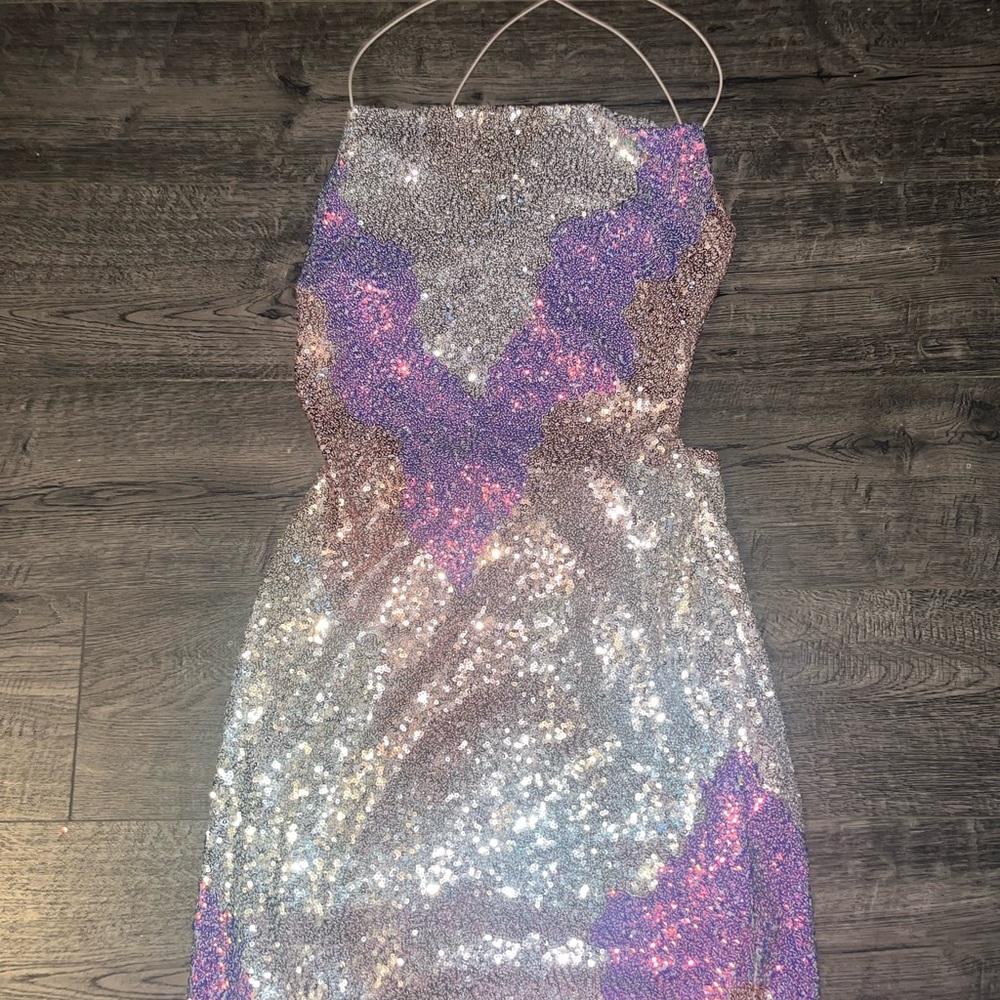 Sequin Halter Dress in Silver and Purple